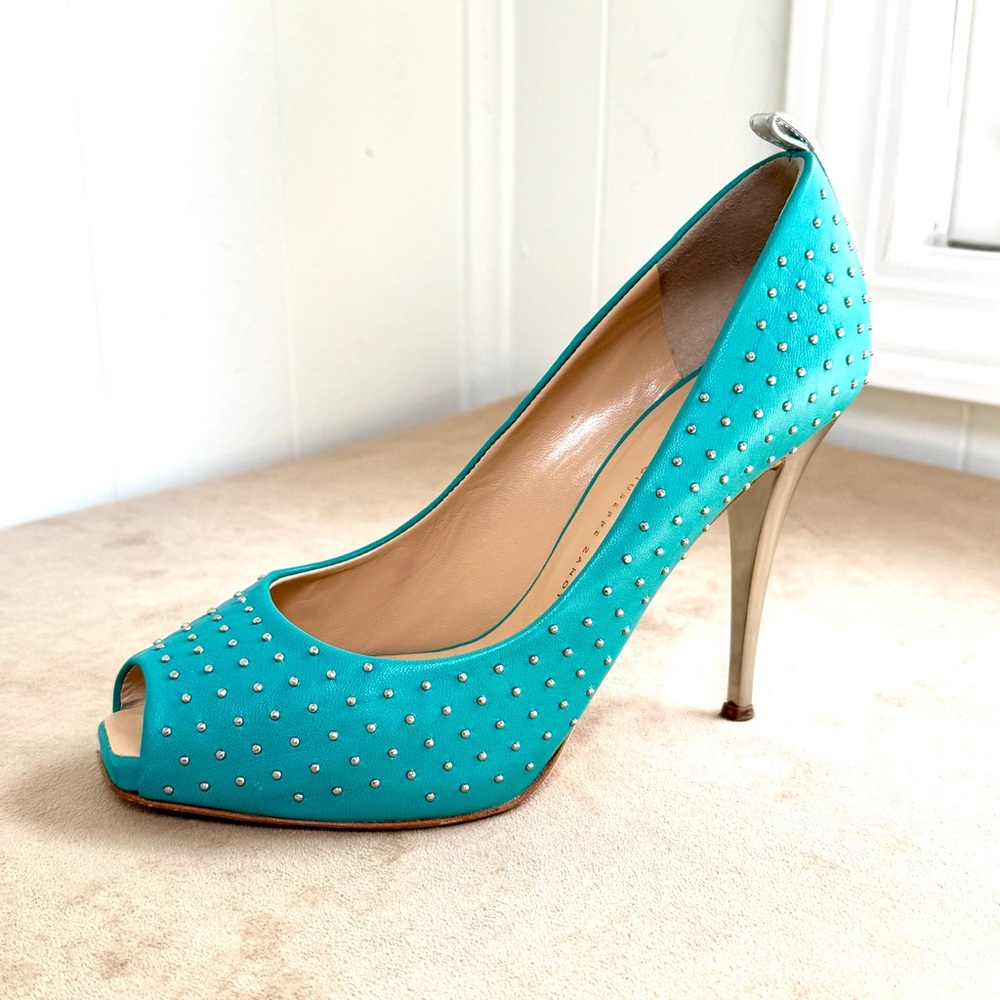 🔥 Giuseppe Zanotti Nappa Sexy Stiletto Heels Studded Aqua Tropico 38 8 Italy
